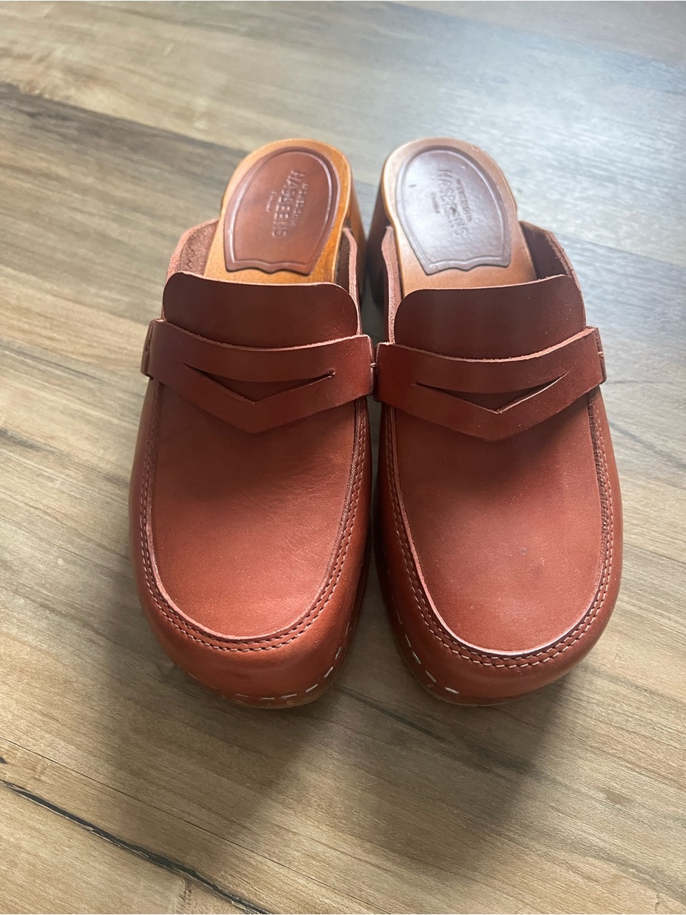 Swedish Hasbeens Slip-On Leather Mules in Cognac